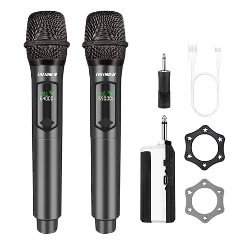 Talomen Microfono Wireless,Microfoni karaoke a 2.4 GHz,Microphone Portatile professionale,Sistema di microfoni dinamici con Ricevitore Ricaricabile，kit 2 microfoni per Karaoke,Festa,Canto,Chiesa,K60-2