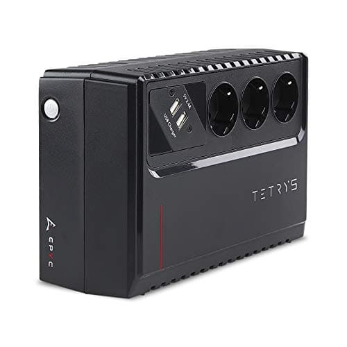 EPYC® TETRYS - UPS a Ciabatta Multipresa, Gruppo di Continuità per PC, Potenza 850VA/480Watt, Tecnologia Line Interactive, AVR, 3 Uscite Schuko, Doppio Caricabatterie Smartphone e Tablet, UPS 800VA