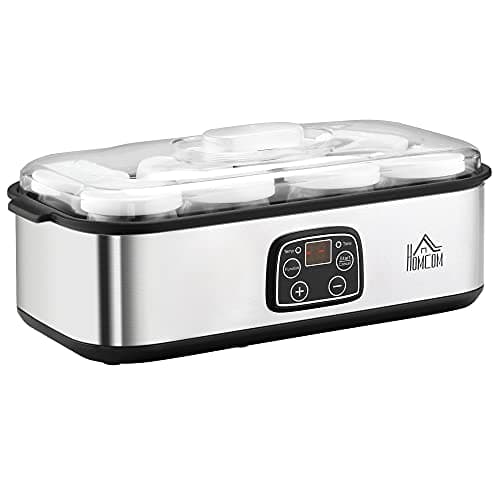 HOMCOM Yogurtiera Elettrica 25W con 8 Vasetti Inclusi, Timer 1-48 Ore e Temperatura Regolabile 20-50°C, 36x18.8x14cm, Argento
