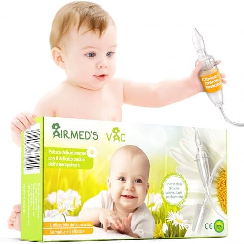 Airmed's Vac. Aspiratore nasale neonato. L'originale, con 2 testine di aspirazione e spazzola per la pulizia inclusa. Naspirapolvere clinicamente testato. Sicuro e delicato può essere utilizzato