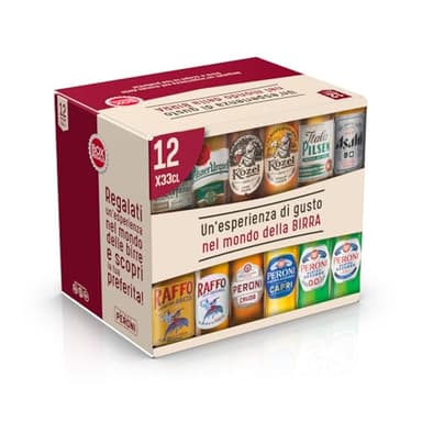 Peroni Box Regalo, Cassa Mista con 12 Bottiglie di Birra da 33 cl, Assortimento di Birre Italiane e Internazionali per Degustazione, Gradazione Alcolica da 3,5% a 7% + 1 birra analcolica