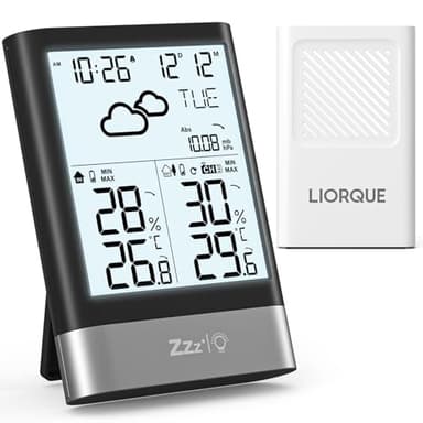 LIORQUE Stazione Meteo con Sensore Esterno, Stazione Meteorologica Wireless con Sveglia, Previsioni del Tempo, Data, Temperatura,Umidità, Retroilluminazione Regolabile, Nero (Batteria Inclusa)