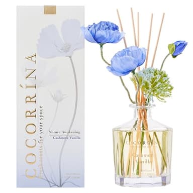 COCORRÍNA Fiore Diffusore Profumo Ambiente con 8 Bastoncini di fragranza 250ml- Cashmere Vaniglia, Naturale, di Lunga Durata, per la Camera da Letto, L'Ufficio, Il Bagno (Collezione Master)