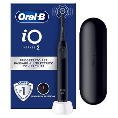 Oral-B iO 2 Spazzolino Elettrico Oral B, Nero, 1 Testina Di Ricambio, 1 Spazzolino, Custodia Da Viaggio, Delicato sulle Gengive, Efficace sulla placca, Sensore di Pressione