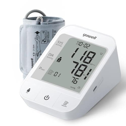 yuwell Misuratore di Pressione da Braccio, Sfigmomanometro Elettronico con Bracciale 22-45cm, Apparecchio per Misurare Pressione Sanguigna per l'Uso Domestico, Batterie e Cavo USB Incluso (YE670A)
