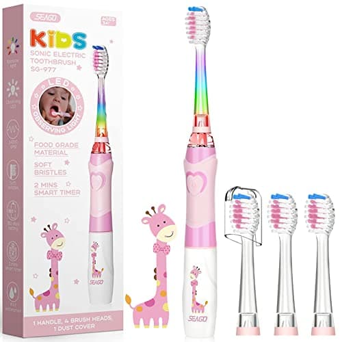 Seago Spazzolino Elettrico Bambini dai 3-12 Anni con Timer di Spazzolamento e Lampade a LED Colorate e 4 Setole Morbide Testine Idea Regalo per Ragazzi e Ragazze SGEK6/SG977 (Rosa)