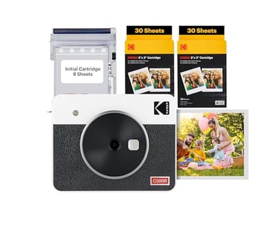 KODAK Mini Shot 3 Retro 4PASS 2-in-1 Fotocamera Istantanea & Stampante Fotografica (7,6x7,6cm) + 8 Fogli Inclusi + Pacchetto con 60 Fogli, Bianco