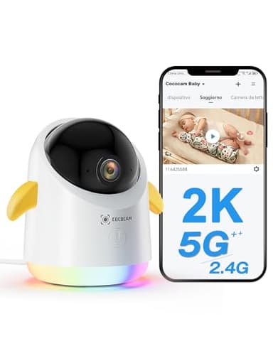 COCOCAM 2K Baby Monitor, Wi-Fi 2.4G 5G, 355° Pan 120° Tilt, Phone App, Luce Interattiva, Sensore AI, Rilevamento Pianto, Sensore Temperatura Umidità, Babyphone
