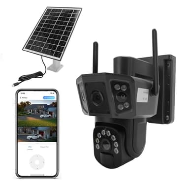 Telecamere a Sicurezza Solare 4K Outdoor Wireless, a Doppia Lente a 360 ° PTZ a Batteria a Batteria con Pannello Solare, Rilevamento Umano PIR, WiFi da 2,4 GHz