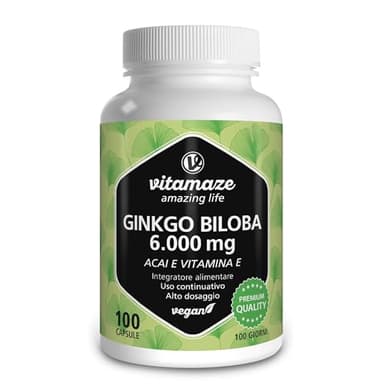 Vitamaze® Ginkgo Biloba Complex 6000 mg (50:1) con L Carnitina + Vitamina E e Estratto de Acai, Alto Dosaggio & Vegano, 100 Capsule, Integratore Senza Additivi non Necessari, Qualità Tedesca.