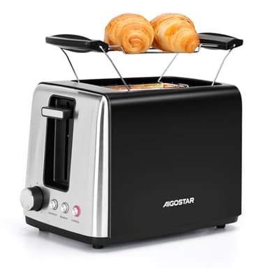 Aigostar Tostapane 2 Fette, Supporto Griglia Riscaldante, 7 Livelli di Tostatura, Fessure Extra Larghe e Centratura Automatica, 3 Funzioni, Vassoio Raccogli Briciole, Nero Opaco e Acciaio Inox, Delish