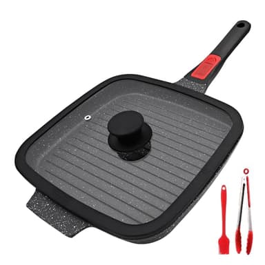 RANX INGST Bistecchiera Antiaderente con Maniglia Rimovibile, Padella Griglia con Coperchio, Pietra 26 x 24 cm Quadrata per Induzione, Alluminio pressofuso - Nero