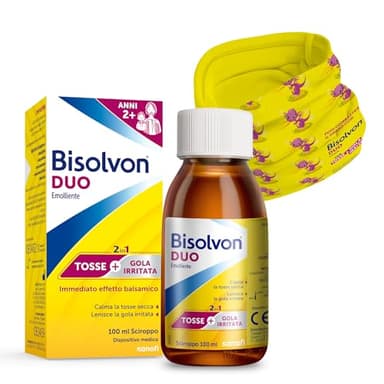 Bisolvon Duo Emolliente Sciroppo Tosse, Sciroppo Tosse Secca e Gola Irritata Adulti e Bambini 2+ Con Miele, Senza Glutine, Senza Lattosio (100ml) insieme a un pratico Scaldacollo Bambino in Cotone