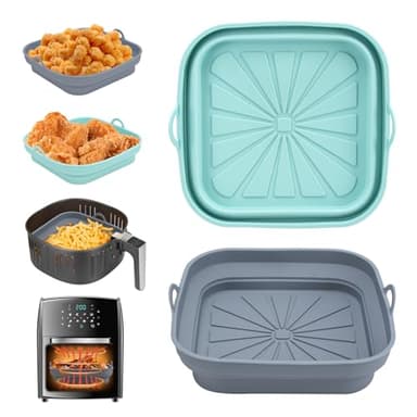 Alyvisun 2 Pezzi Silicone per Air Fryer Teglie Accessori per Friggitrice ad Aria Contenitori Cestello Riutilizzabile Quadrato Tappetino Stampi per Airfryer, Microonde, Forno (Blu+Grigio)