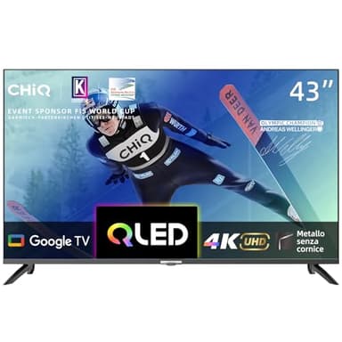 Smart TV CHiQ U43QM8G 43 pollici, UHD QLED con HDR, Metallo senza cornice, Google TV, Dolby Audio, Sintonizzatore triplo, Wi-Fi 2.4G/5G, Assistente Google, HDMI 2.1, USB2.0, Modello 2023, colore: Nero