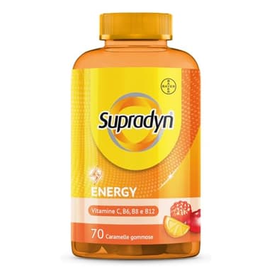 Supradyn Energy Multivitaminico Caramelle, Integratore Completo, con Vitamine A, B, C, D, E e Coenzima Q10, 70 Caramelle Gommose Multivitaminiche Gusto Ciliegia, Lampone e Arancia