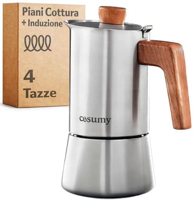 Cosumy Caffettiera Induzione Moka 200ml - Tutti gli tipi di fornelli - 4 Tazze - in Acciaio Inox e Quercia Sostenibile - Manico Anti Scottatura - Express Caffettiera