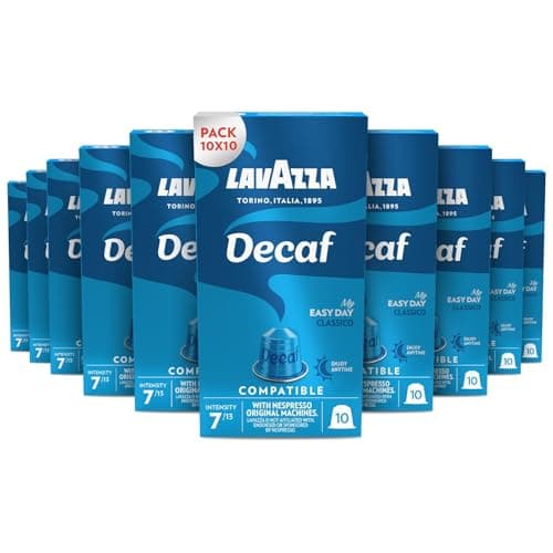 Lavazza, Espresso Decaffeinato, 100 Capsule di Caffè in Alluminio Compatibili con Macchine Nespresso Original, Note di Frutta Secca e Cioccolato, Arabica e Robusta, Intensità 7/13, Tostatura Media