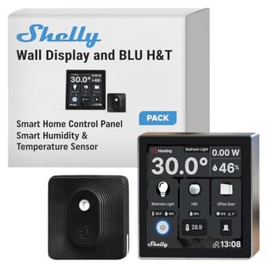 Shelly Wall Display + Blu H&T, Starter Kit di Domotica, WiFi e Bluetooth, Termostato, Relè 5 A integrato, Controllo remoto App, Nero