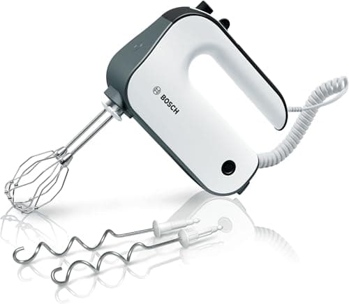 Bosch Elettrodomestici MFQ49300 - Miscelatore manuale a 5 livelli, 2 ganci per frusta e impastare, cavo a spirale, 850 W, colore: bianco/argento scuro