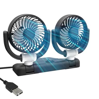 AVCXEC Ventilatore per Auto 5V, Ventola USB a Doppia Testa per Auto, Ventilatore Auto Doppia Testa Ventilatore 360° Ruotabile, con 2 Velocità, per Tutti i Veicoli Familiari, Furgoni, Camper (Nero)