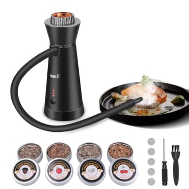 BORUIT SK301B Affumicatore per Alimenti, Fumatore Portatile con 4 Pezzi di Trucioli di Legno, Pistola Fumogena in Lega di Alluminio per Cucina, Carne, Salmone, Cocktail, Formaggio, Barbecue