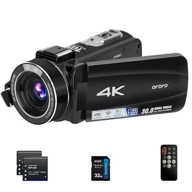 ORDRO Videocamera 4K Videocamera Ultra HD con zoom ottico 10X e zoom digitale 120X, videocamera digitale WiFi Vlogging Auto Focus con scheda SD da 32 GB