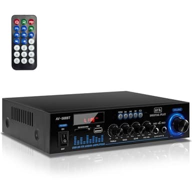 1000W Amplificatore Bluetooth 5.0 RMS 60 W X2 mini Audio Stereo con Telecomando ed Mini Display LCD, 12 V / 220 V, 2.0 Channel con Ingresso USB/RCA/Scheda SD/per Casa, Auto Audio,Audio Speaker