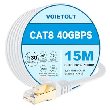 VOIETOLT Cavo Ethernet CAT8 da 15 Metri, 40Gbps/2000Mhz Cavo di Rete Internet Lan Gigabit RJ45 Cat-8 Cavo Patch piatte Schermato Resistente per Modem PC TV. (Bianco)