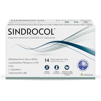 MèDISIN | SINDROCOL® Integratore per Intestino Irritabile, Disbiosi del colon e Intestino, Gonfiore, Flatulenza, Diarrea, con Probiotici, L-Triptofano, FOS e Vitamine, 14 Stick da Bere