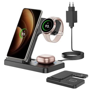 GEEKERA 3 in 1 Caricatore Wireless per Samsung, Pieghevole Stazione di Ricarica per Samsung S25/S24/S23/ZFold/Flip, Ricarica Wireless per Samsung Galaxy Watch, Wireless Charger per Samsung Buds-Nero