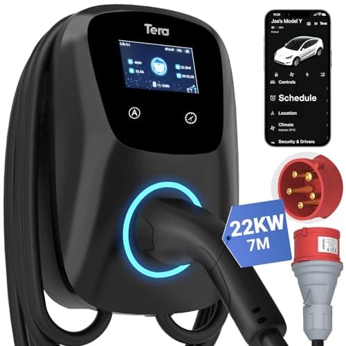 Tera EV Caricabatterie con Smart App 32A Tipo 2 11KW o 22kW 400V CE e TUV Wallbox Cavo di Ricarica 7 Metri Staffa Caricabatterie Controllo Applicazione&Spina trifase CEE - Nero W01