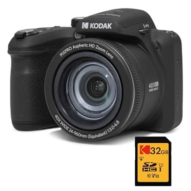 KODAK Pack Digitale Bridge Pixpro Astro Zoom AZ405 + Scheda SDHC Ultra High Speed U1 32GB - Fotocamera 20 Megapixel, Zoom 40X, Grandangolo, LCD, Video Full HD 1080p, OIS, Batterie AA - Nero
