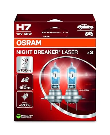 OSRAM NIGHT BREAKER LASER H7, +150% di luminosità in più, lampada alogena per fari, 64210NL-2HB, 12V, scatola pieghevole sospesa (2 lampade)