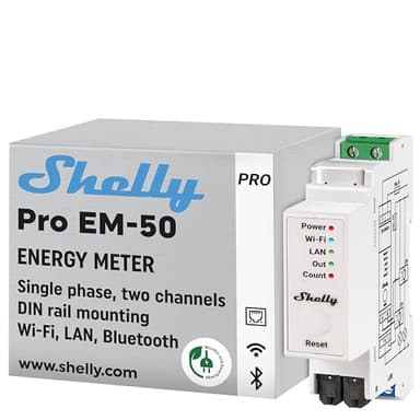 Shelly Pro EM 50A, Contatore di energia Wi-Fi e Bluetooth con comando a Contattori Con Misurazione Dei Consumi, Domotica, Compatibile Con Alexa e Google Home, Nessun Hub Richiesto