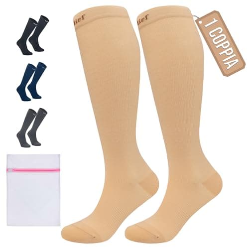 360 Relief Calze Compressione Graduata Donna e Uomo - 1 Coppia Solido Colore Gambaletti Compressione Graduata per Sports, Running, Viaggio, Ciclismo, Lavoro - S/M Beige con Borsa Lavanderia