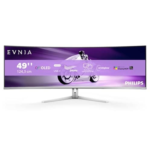 PHILIPS Evnia 49M2C8900AM - Monitor gaming curvo OLED QD da 49 pollici, 240 Hertz, 0,03 ms GtG, HDR400, Ambiglow (5120x1440, HDMI 2.1, DisplayPort 1.4, USB-C, Hub USB) bianco