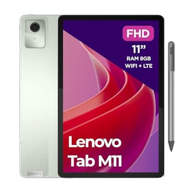 Lenovo Tab M11, Tablet Display 11" WUXGA (1920x1200), MediaTek Helio G88, RAM 8GB, 128GB, WiFi, 4G LTE, Android 13 - Seafoam Green, Penna Inclusa - Esclusiva Amazon