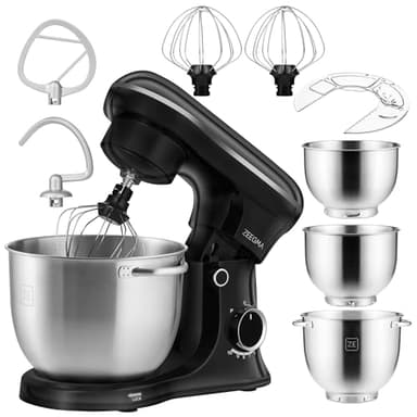 ZEEGMA PLANEET TRIO Impastatore 1500 W Robot da Cucina Multifunzione con 3 Ciotole 4 l, 4,5 l e 5,2 l, 10 Velocità Gancio per Impastare, Gancio a Foglia, Frusta Coperchio con Misurino (Nero)
