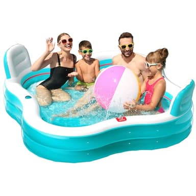 QPAU Piscina gonfiabile, grande piscina gonfiabile con 2 sedili e schienali, piscina per esterni e cortile, adulti, per divertimento in famiglia, ciano