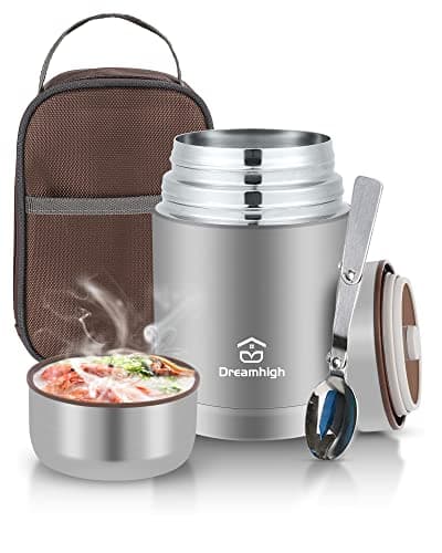 Dreamhigh® Termos per Alimenti 800 ml, Contenitore Termico per Alimenti Caldi, Thermos Pappa Neonati Acciaio Inossidabile con Sacchetto Isolante e Cucchiaio, Portavivande per Zuppa, Pasta (Grigio)