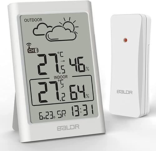 BALDR - Stazione meteo radio con sensore esterno, termometro, igrometro digitale, misuratore di umidità con schermo LCD, per camera da letto, ufficio, soggiorno, colore bianco
