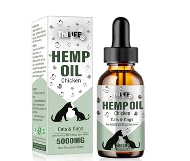 THILIFE | Olio di Canapa Calmante per Cani e Gatti | Gusto Pollo | 5000 mg di componenti attivi | Omega 3 6 9 | Vitamine A/B/D/E per Animali Domestici | Integratore Alimentare Naturale