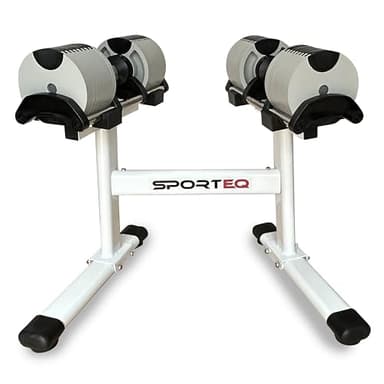 Sporteq Set di manubri regolabili, 2 manubri da 32 kg, supporto per manubri, attrezzature per esercizi di alta qualità per fitness, regolazione rotatoria, impugnatura antiscivolo, resistente ai graffi