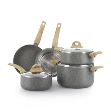 Batteria di Pentole Mrs Wood Antiaderente in Alluminio, Adatta a Tutti i Piani Cottura, Coperchi in Vetro, Cottura Rapida e Uniforme (8 pezzi)