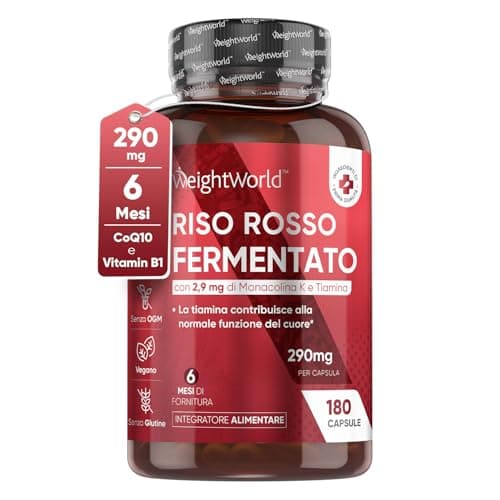 Riso Rosso Fermentato, 2,9 mg, Monacolina K, Vitamina B1 Tiamina Coenzima Q10 (6 mesi) 1 Capsula al Giorno di Integratore Riso Rosso, 180 Riso Rosso Fermentato Capsule, Lievito Riso Rosso Integratore