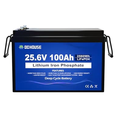Batteria al litio DCHOUSE LiFePO4 24V, 100Ah, BMS incorporato, con oltre 4000 cicli profondi, adatta per camper, motori da pesca, impianti di energia solare