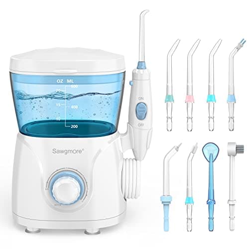 Sawgmore Idropulsore Dentale, irrigatore orale professionale con 8 ugelli multifunzionali, 10 impostazioni di pressione dell'acqua, capacità 600 ml, per Cura Famiglia e Cura Dentale