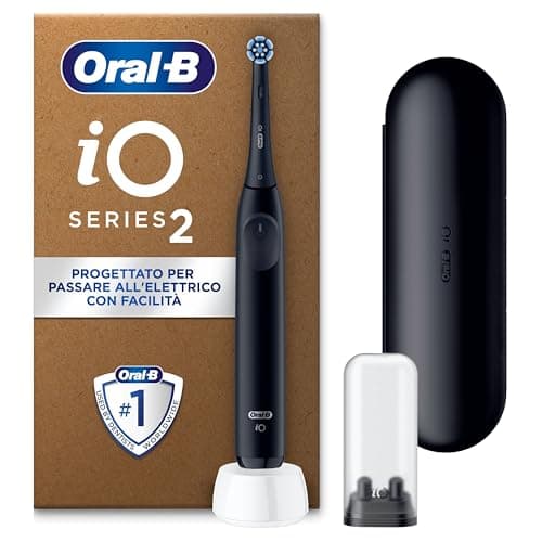 Oral-B iO 2 Spazzolino Elettrico Oral B, Nero, 1 Testina Di Ricambio, 1 Spazzolino, Custodia Da Viaggio, Supporto per Testine, Delicato sulle Gengive, Efficace sulla placca, Sensore di Pressione