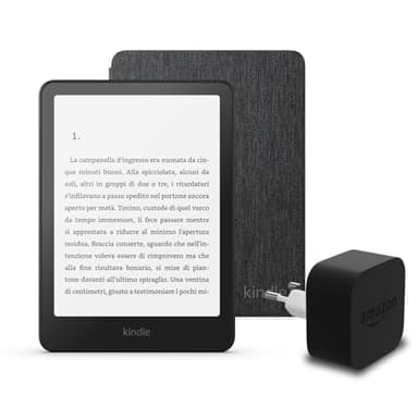 I'ultimo Kindle Paperwhite (versione 2024) da 16 GB senza pubblicità, una copertura in tessuto Amazon e un alimentatore Amazon Powerfast da 9 W.
